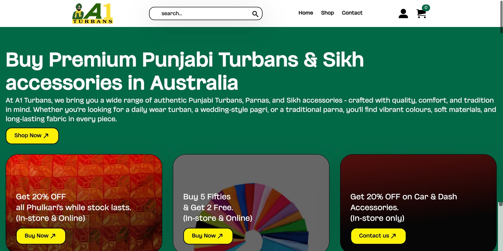 A1 Turbans online store, a web design portfolio ecommerce project